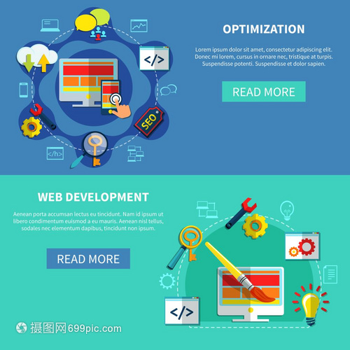 網(wǎng)頁優(yōu)化橫幅兩個(gè)SEO水平橫幅為網(wǎng)站搜索引擎優(yōu)化開發(fā)與閱讀更多按鈕矢量插圖